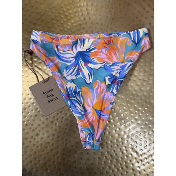 NWT Stone Fox Swim Sumatra Bikini Bottom Blue Tropical Lily XS Floral Hi Waist - Picture 3 of 6